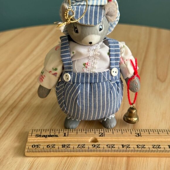 1983 Kurt Adler Christmas Ornament Porcelain Boy Mouse in Overalls Cap Bell - Picture 10 of 10